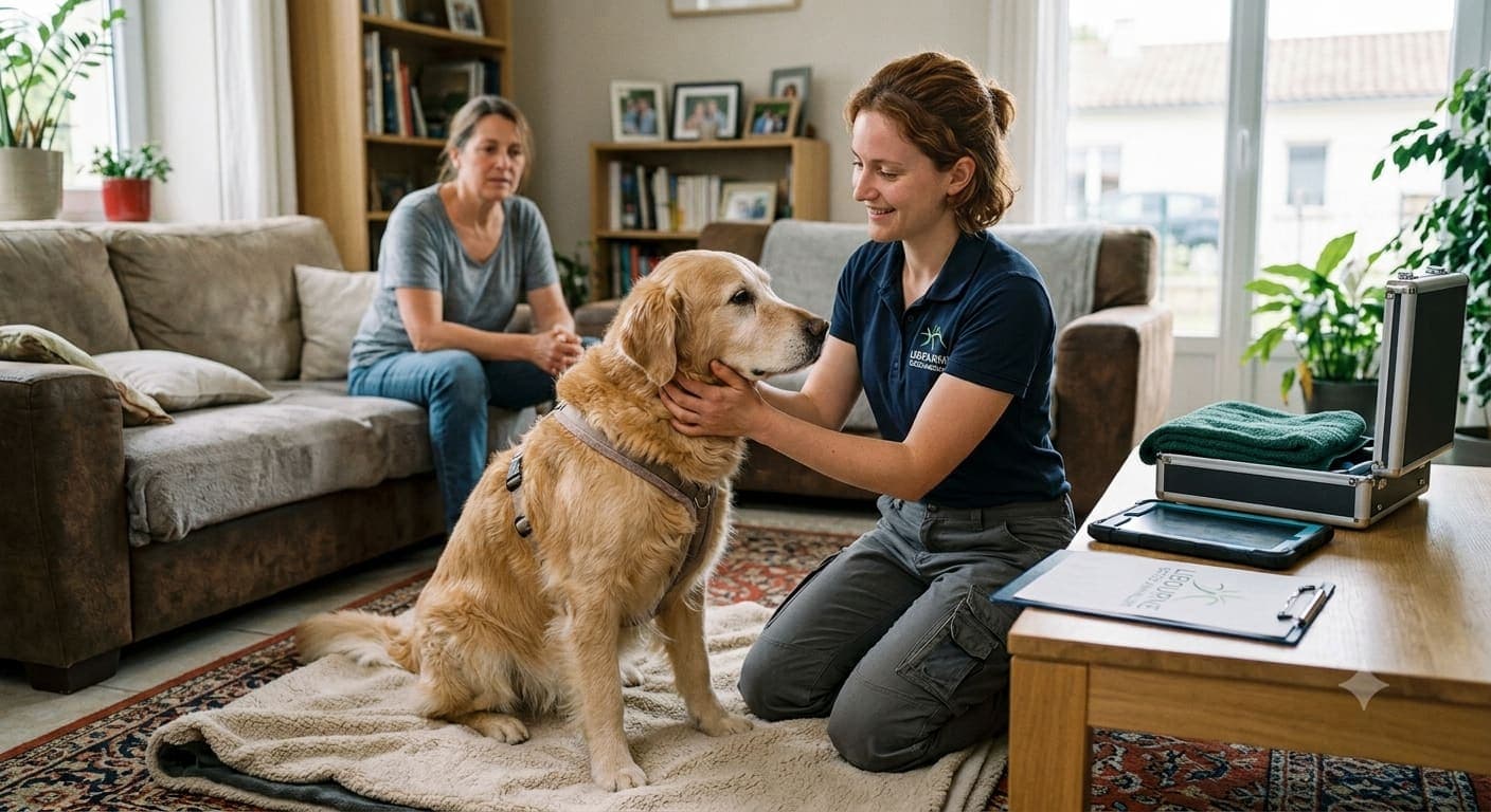Ostéopathe animalier examinant un chien à domicile