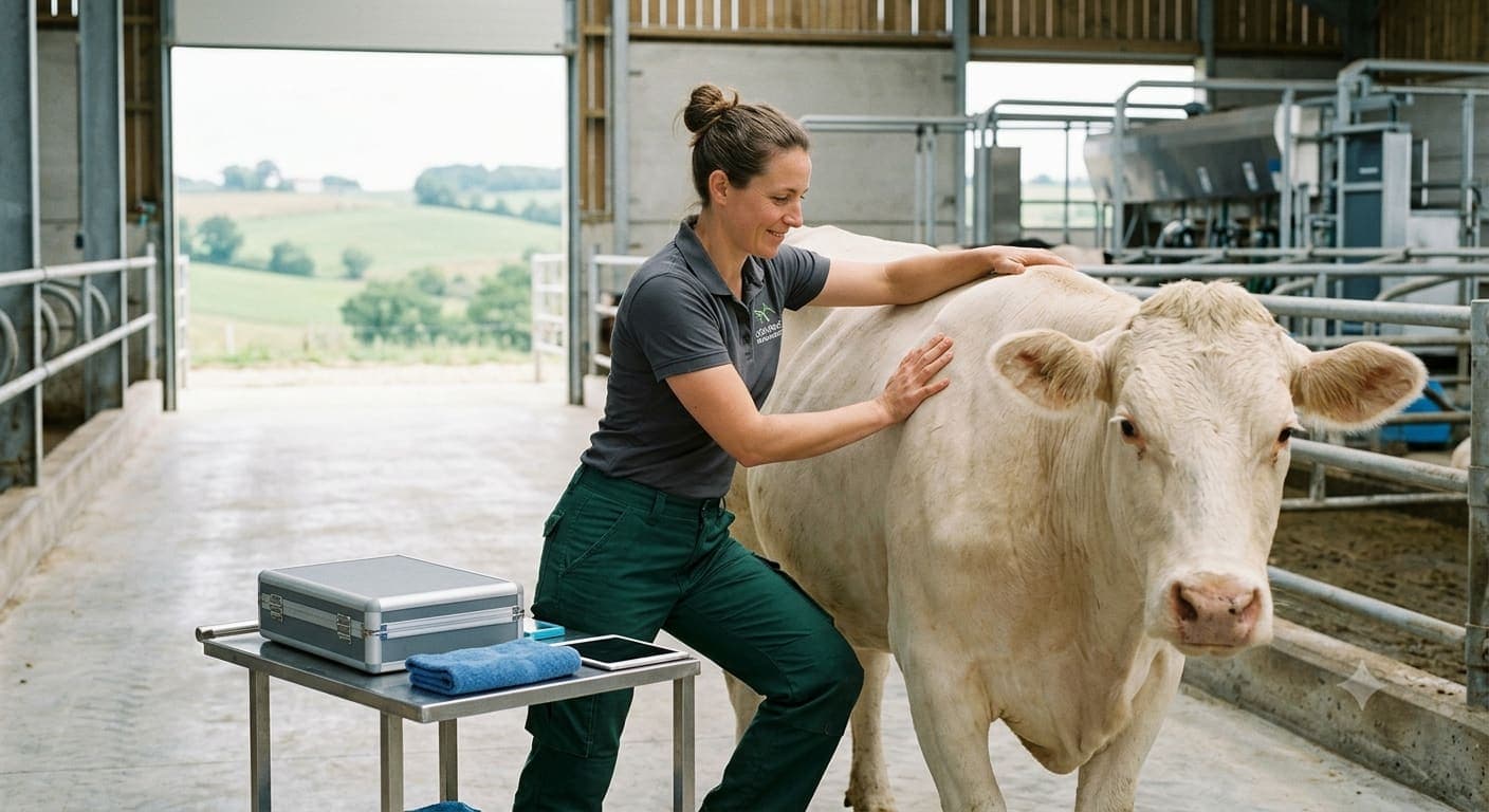 Ostéopathe animalier en consultation avec une vache